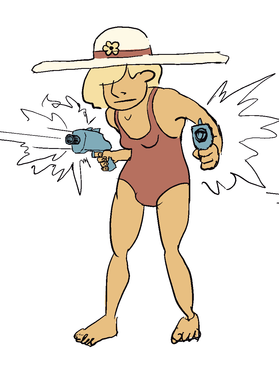 Drawing of a woman in a one piece swimsuit and wide brimmed sunhat blasting away with two blocky rayguns